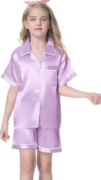 Umeyda Women & Girls Pajamas Set, Soft Satin Lightweight Silk Button-Down Top with Shorts 2 Piece PJS for Mom Boys Kids Gifts