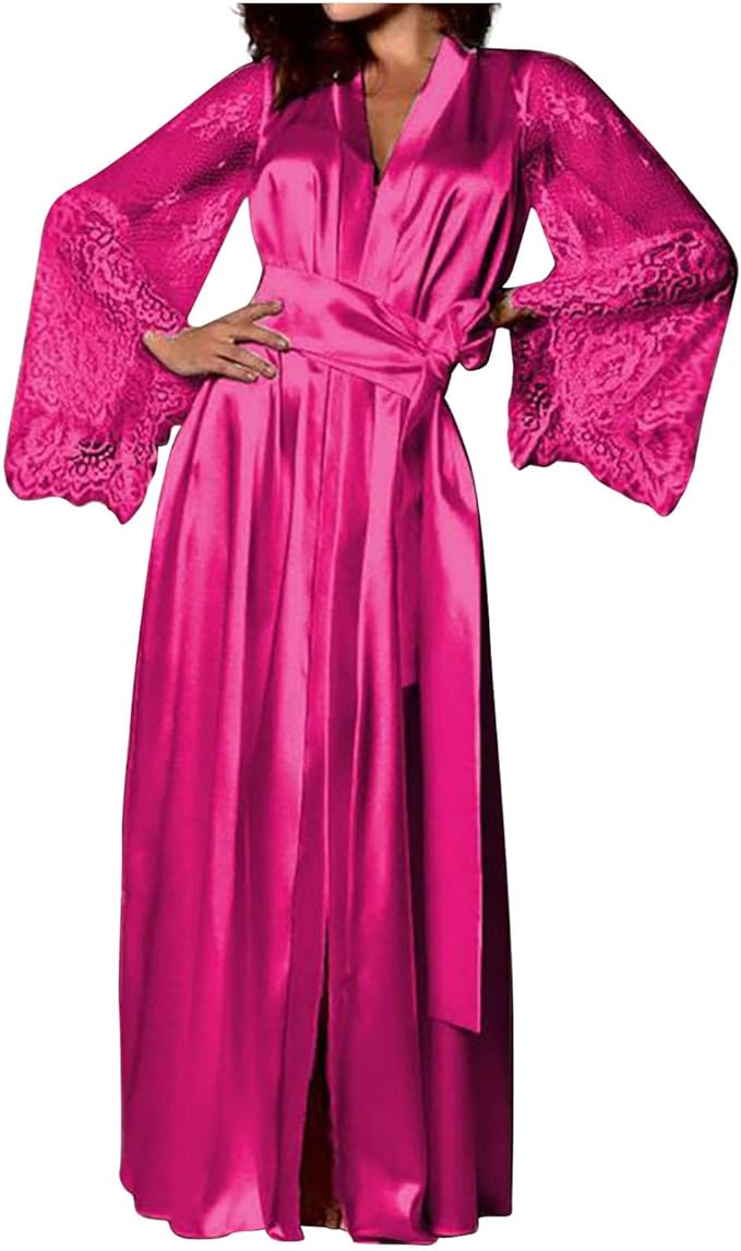 Mzkdieey Women's Floral Lace Robe Silk Kimono Bathrobe Long Bridesmaids Wedding Party Loungewear Sleepwear Dressing Gown