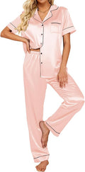 Ekouaer Silk Satin Pajamas Set Women Short Sleeve Sleepwear Soft Button Down Loungewear Pjs Set