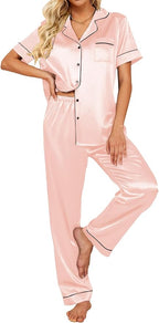 Ekouaer Silk Satin Pajamas Set Women Short Sleeve Sleepwear Soft Button Down Loungewear Pjs Set