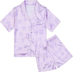 QPANCY Kids Satin Pajamas Sets Baby Boy Girl Button-Down Silk Sleepwear 2 Piece Short Sleeve Loungewear Clothes Set