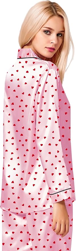 SWOMOG Womens Silk Satin Pajamas Set Long Sleeve Button Down Sleepwear 2 Piece Lounge Set Pj Set XS-3XL