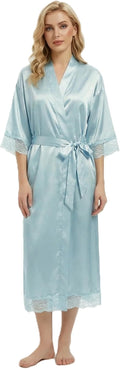 Long Satin Robes for Women Ankle Length Kimono Robes Silky Bridal Party Robes with Lace Trim Bridesmaid Loungewear Sleepwear