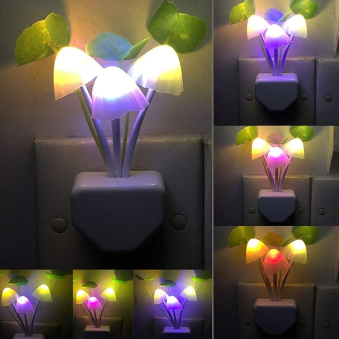 [2 Pack] UTLK Plug in LED Mushroom Night Light Lamp with Dusk to Dawn Sensor, Cut Color Changing Bed Nightlight LED Wall Light