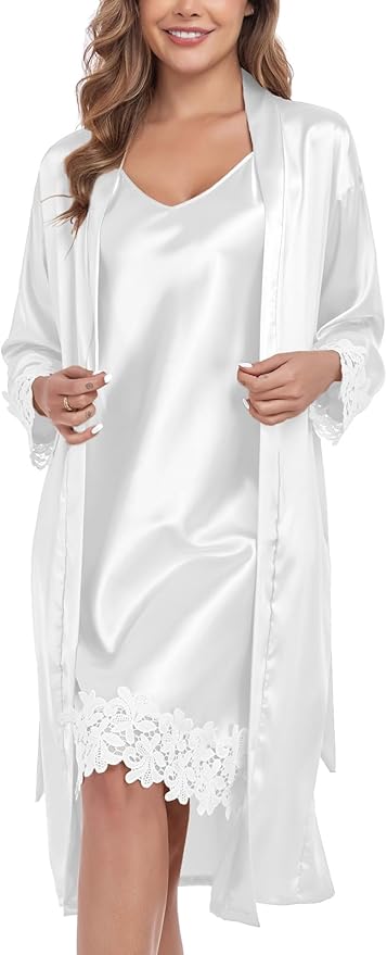 BestWendding Women's Silk Robe Set 2 Pieces Pajamas Sets Sexy Soft Satin Robe with V Neck Camisole Lingerie Nightgown