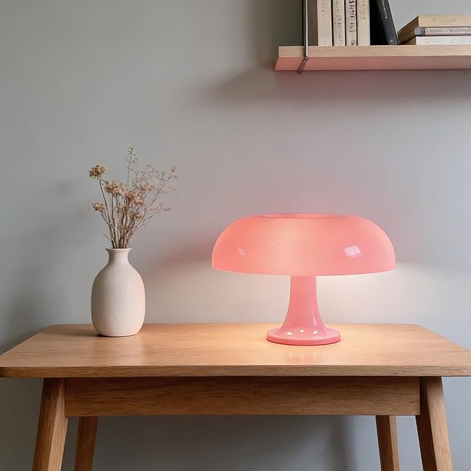 25W Pink Mushroom Lamp, LED Retro Table Lamp with 3 Color Temperatures and 4 Bulbs, Mid Century Modern Nightstand Light for Bedroom, Living Room, Office Aesthetic Decor, US Plug Powered, E14 Sockets