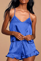 CHYRII Women's Sexy Silk Satin Ruffled Pajamas Sets Cami Shorts Sets Sleepwear