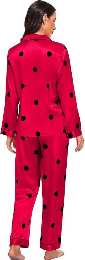 SWOMOG Womens Silk Satin Pajamas Set Long Sleeve Button Down Sleepwear 2 Piece Lounge Set Pj Set XS-3XL