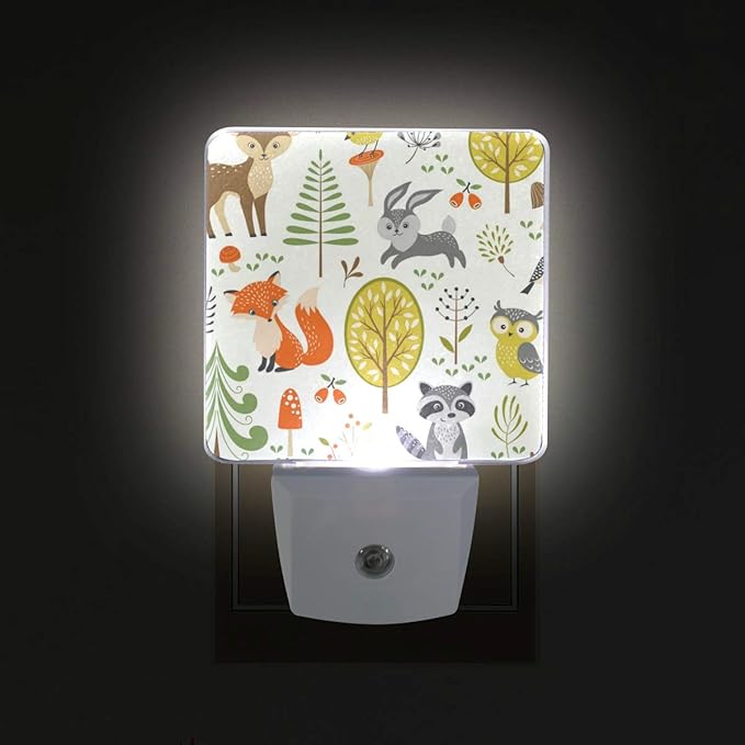 Plug-in Night Light Lamp Cute Woodland Animals Trees Mushrooms Berries Dusk-to-Dawn Sensor LED Nightlight Smart Light Automatically Lights Bedroom, Bathroom, Kitchen, Hallway, Stairs, Energy