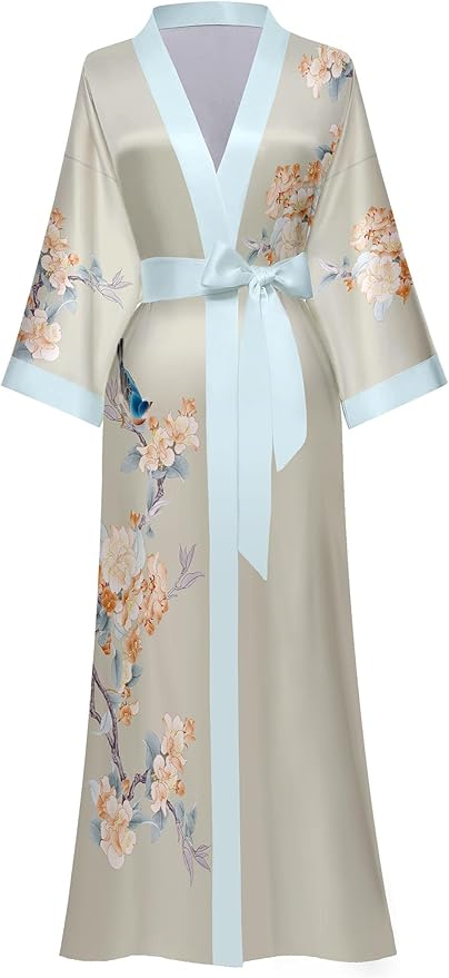 Kihnop Women's Floral Long Kimono Robe Long Satin Robe Long Silk Robe Ladies Kimonos Silky Bathrobe Cover Up, One Size
