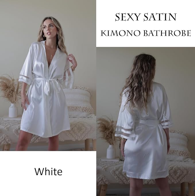 Ekouaer Women's Satin Robe Silk Kimono Bathrobe Bridesmaid Wedding Bridal Party Robes 3/4 Bell Sleeve Sleepwear S-XXL