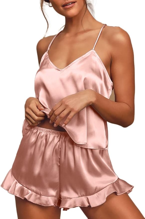 CHYRII Women's Sexy Silk Satin Ruffled Pajamas Sets Cami Shorts Sets Sleepwear