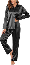 Ekouaer Women Satin Silk Pajamas Classic Long Sleeve Button Down Pjs Set Soft Loungewear