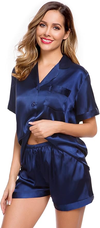 LecGee Womens Silk Satin Pajamas Short Sleeve Loungewear Two-Piece Sleepwear Button-Down Pj Set