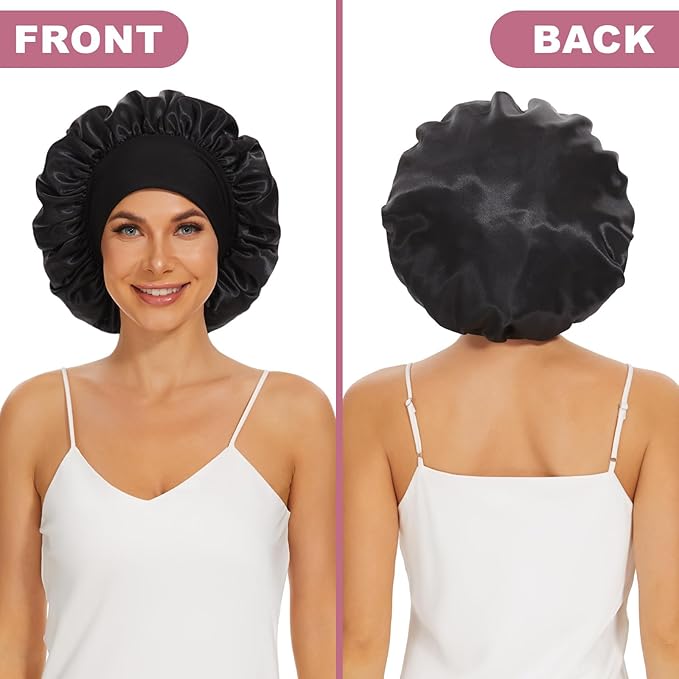 4Pcs Satin Bonnet Silk Bonnet, Hair Bonnet for Sleeping, Elastic Wide Band Sleep Cap, Soft and Breathable Silk Hair Wrap for Sleeping (Black Purple Pink Blue)
