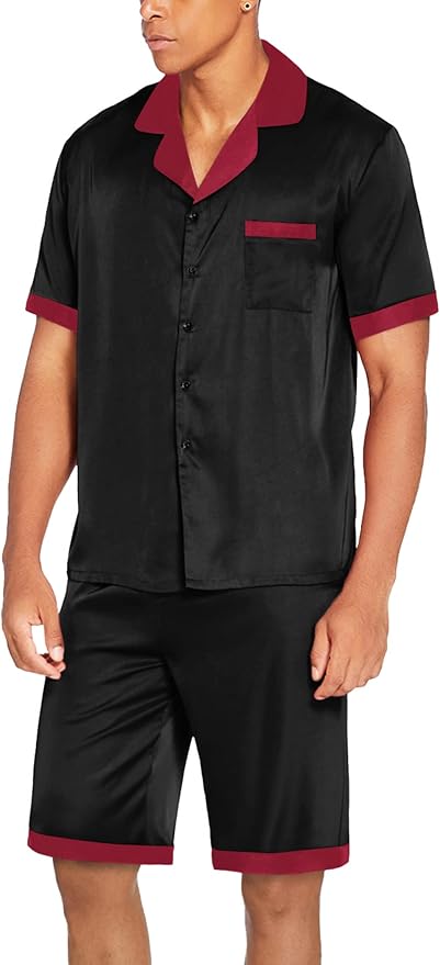 Ekouaer Men Satin Silk Pajamas Set with Pockets Sleepwear Shorts Satin Summer Loungewear 2 Piece Button Down Set S-3XL