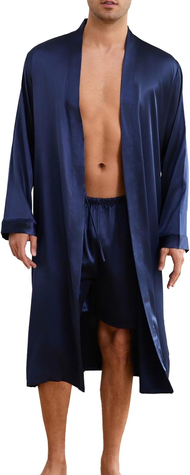 ZUEVI Men's Kimono Robe Set Silk Satin Long Sleeve Bathrobe with Shorts 2 PCS Sleepwear Pjs Sets