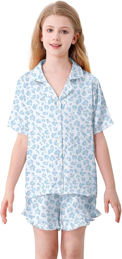 Umeyda Girls & Women Satin Pajamas Set Button Down 2 Piece Silk Pjs Shorts Set Ruffle Sleepwear, 5 Years-Women L
