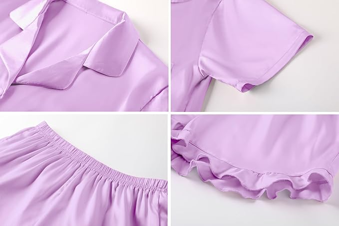Umeyda Girls & Women Satin Pajamas Set Button Down 2 Piece Silk Pjs Shorts Set Ruffle Sleepwear, 5 Years-Women L