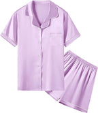 Umeyda Women & Girls Pajamas Set, Soft Satin Lightweight Silk Button-Down Top with Shorts 2 Piece PJS for Mom Boys Kids Gifts