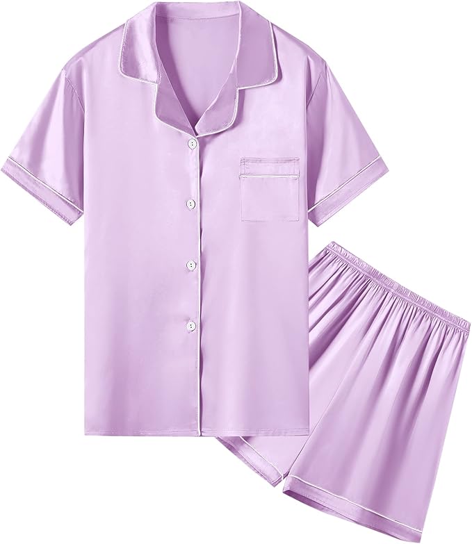 Umeyda Women & Girls Pajamas Set, Soft Satin Lightweight Silk Button-Down Top with Shorts 2 Piece PJS for Mom Boys Kids Gifts