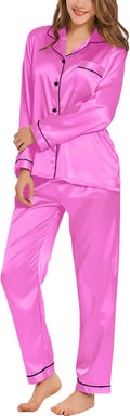 SWOMOG Womens Silk Satin Pajamas Set Long Sleeve Button Down Sleepwear 2 Piece Lounge Set Pj Set XS-3XL