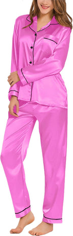 SWOMOG Womens Silk Satin Pajamas Set Long Sleeve Button Down Sleepwear 2 Piece Lounge Set Pj Set XS-3XL