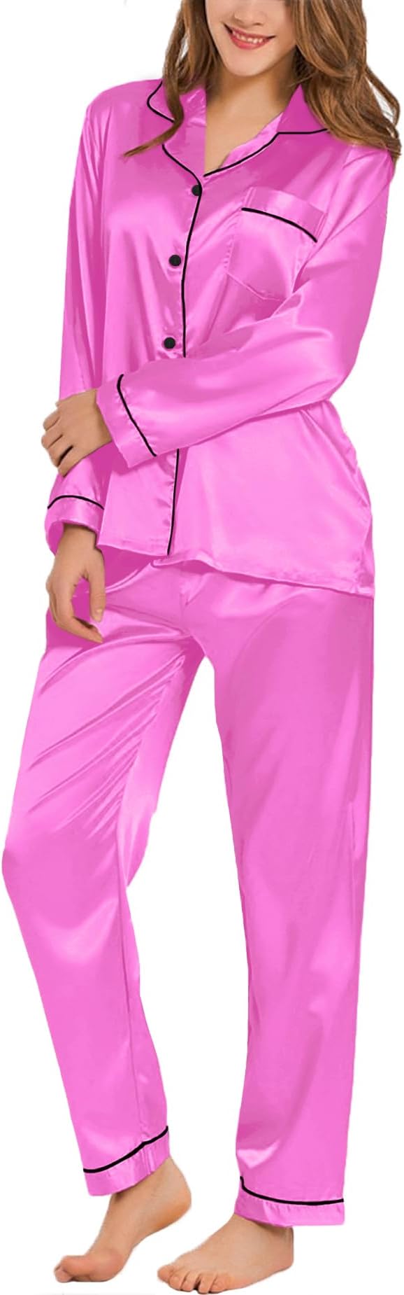SWOMOG Womens Silk Satin Pajamas Set Long Sleeve Button Down Sleepwear 2 Piece Lounge Set Pj Set XS-3XL