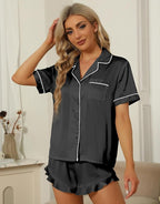 SAPJON Silk Pajamas for Women Set 4Pcs Ruffled Satin Pajamas Set Button Down Short Sleeve Cami Shorts Sleepwear Pj Set