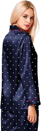 SWOMOG Womens Silk Satin Pajamas Set Long Sleeve Button Down Sleepwear 2 Piece Lounge Set Pj Set XS-3XL