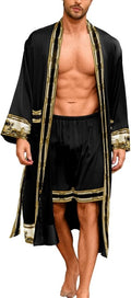 ChiaoLezhee Men's Luxury Silky Robe & Shorts Set, 2PC Lightweight Satin Pajamas with Pockets, Opulent Baroque Kimono Gifts