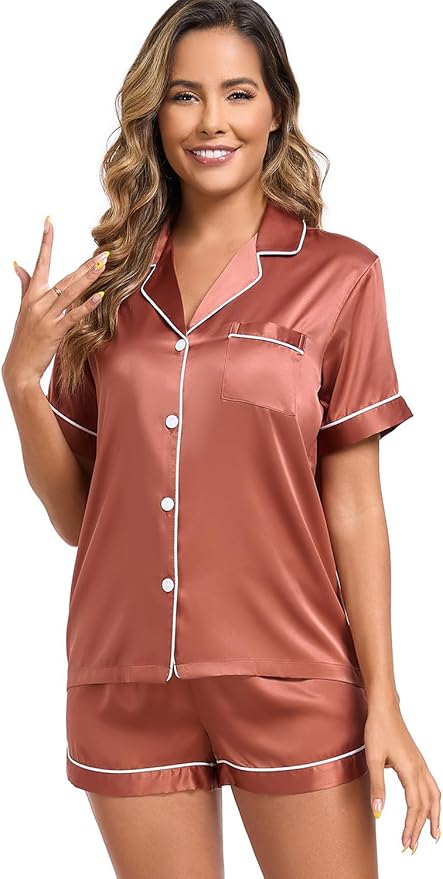 Serenedelicacy Women's Satin Pajama Set 2-Piece Sleepwear Loungewear Button Down Short Sleeve Silky PJ Set