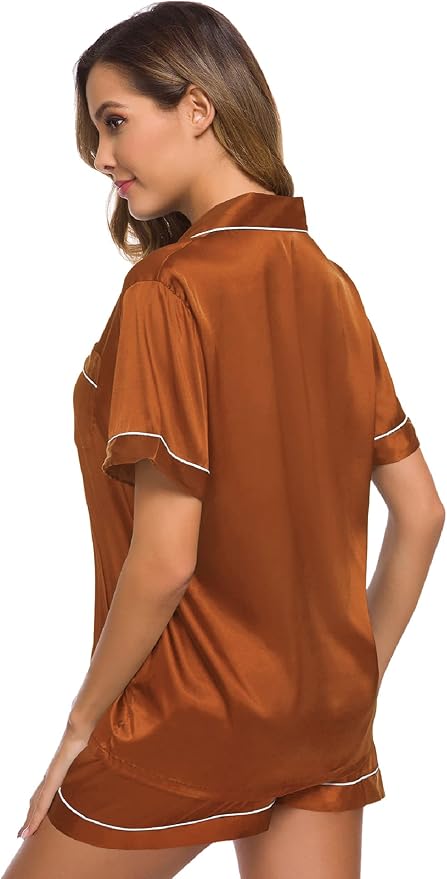 SWOMOG Womens Silk Satin Pajamas Set Short Sleeve Sleepwear Button Down Top and Shorts Loungewear 2 Piece Pjs Set XS-3XL
