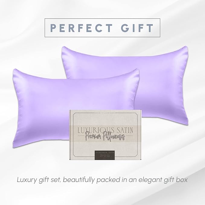 Elegant Comfort 2-Pack Cooling Viscose Satin Pillowcase Set with Hidden Zipper Closure, Silky Smooth for Best Hair and Skin Care-Beautiful Gift Box-2-Piece Satin Pillowcase Set, Standard/Queen, Lilac