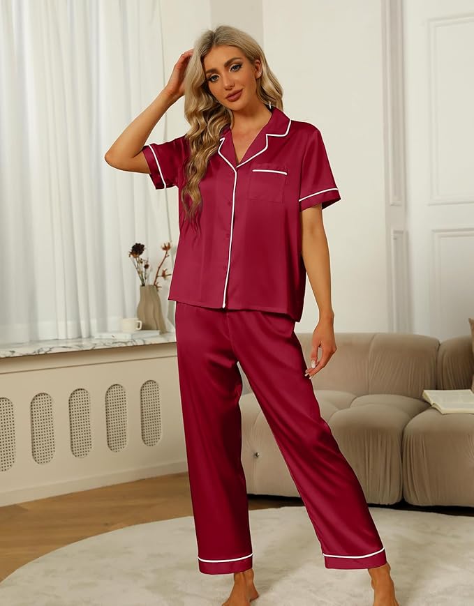 SAPJON Silk Pajamas for Women Set 4Pcs Ruffled Satin Pajamas Set Button Down Short Sleeve Cami Shorts Sleepwear Pj Set
