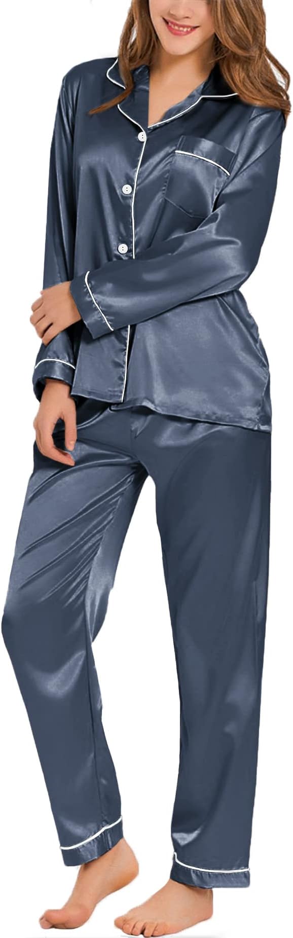SWOMOG Womens Silk Satin Pajamas Set Long Sleeve Button Down Sleepwear 2 Piece Lounge Set Pj Set XS-3XL