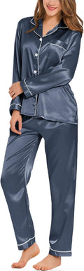SWOMOG Womens Silk Satin Pajamas Set Long Sleeve Button Down Sleepwear 2 Piece Lounge Set Pj Set XS-3XL