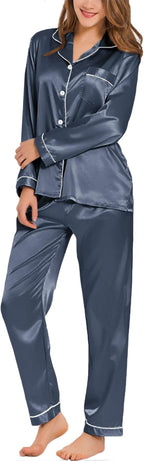 SWOMOG Womens Silk Satin Pajamas Set Long Sleeve Button Down Sleepwear 2 Piece Lounge Set Pj Set XS-3XL
