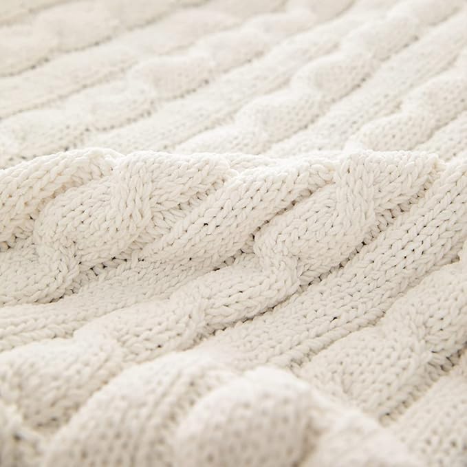 ATMOSURELY Ultra Soft Beige Chenille Cable Knit Throw Blanket with Handmade Pom Poms Cozy Fluffy Knitted Blanket Lightweight Warm Woven Farmhouse Blanket for Bed Sofa Couch 50x60 Inches (Beige)