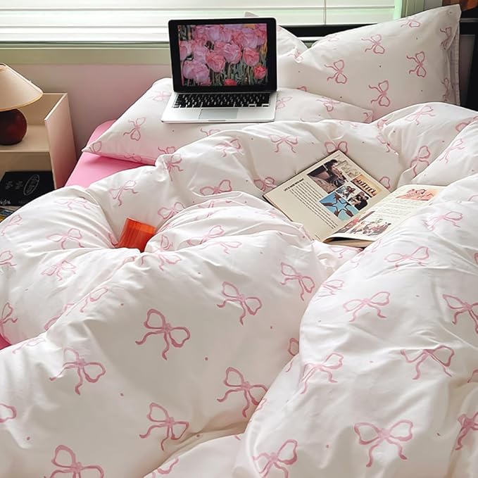 Nayoroom Pink Bow Duvet Cover Full Size Polka Dot Bowknot Coquette Duvet Cover 3 Pieces Soft Lightweight Microfiber Girls Cute Aesthetic Dorm Bedding Set