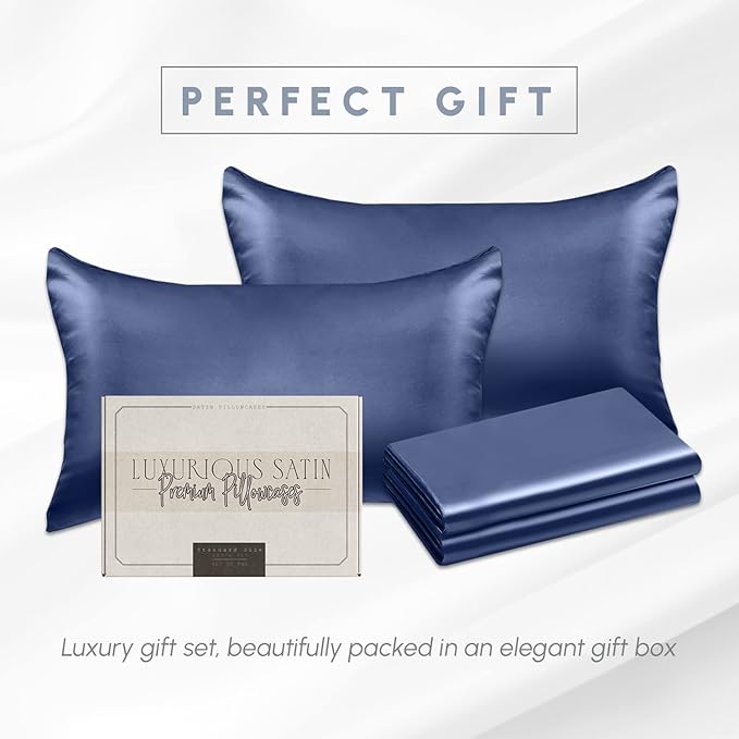 Elegant Comfort 4-Pack Cooling Viscose Satin Pillowcase Set with Hidden Zipper Closure, Silky Smooth for Hair and Skin Care-Beautiful Gift Box-4-Piece Satin Pillowcase Set, Standard/Queen, Navy Blue