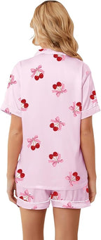 Umeyda Women & Girls Pajamas Set, Soft Satin Lightweight Silk Button-Down Top with Shorts 2 Piece PJS for Mom Boys Kids Gifts