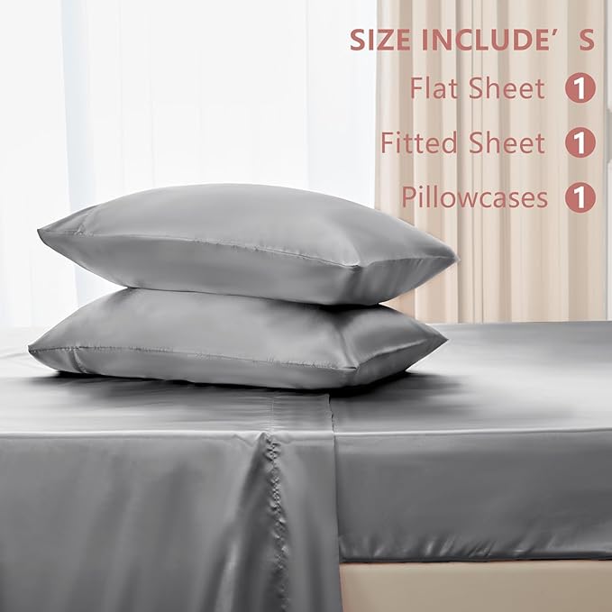 CozyLux Satin Sheets Twin XL Sheets - 3 Piece Silky XL Twin Sheet Set, Luxury Extra Long Light Grey Sheet with Smooth and Soft Microfiber, Includes 1 Fitted Sheet, 1 Flat Sheet and 1 Pillowcase
