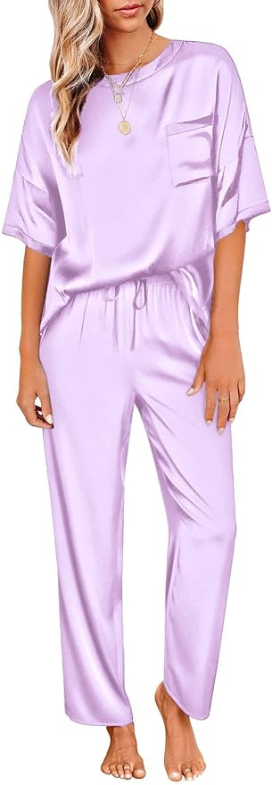 Ekouaer Womens Satin Silky Pajama Set Short Sleeve Shirt with Long Pajama Pant Set Soft PJ Loungewear