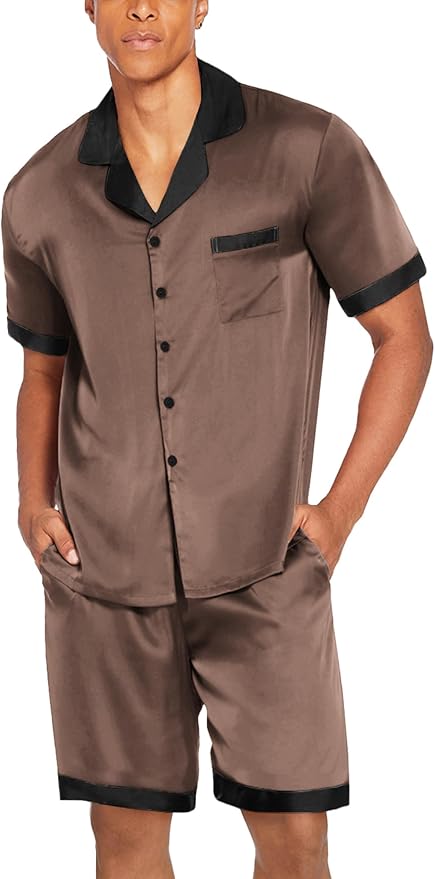 Ekouaer Men Satin Silk Pajamas Set with Pockets Sleepwear Shorts Satin Summer Loungewear 2 Piece Button Down Set S-3XL
