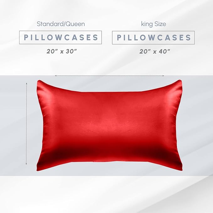 Elegant Comfort 4-Pack Cooling Viscose Satin Pillowcase Set with Hidden Zipper Closure, Silky Smooth for Best Hair and Skin Care-Beautiful Gift Box-4-Piece Satin Pillowcase Set, Standard/Queen, Red