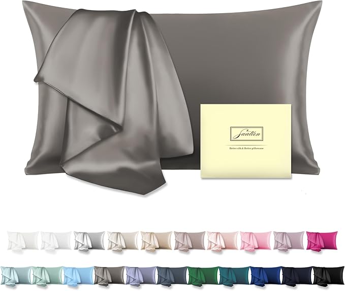Mulberry Silk Pillowcase for Hair and Skin Pillow Case with Hidden Zipper Soft Breathable Smooth Cooling Silk Pillow Covers for Sleeping (Gray, King,1Pcs)