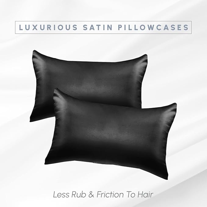 Elegant Comfort 2-Pack Cooling Viscose Satin Pillowcase Set with Hidden Zipper Closure, Silky Smooth for Best Hair and Skin Care-Beautiful Gift Box-2-Piece Satin Pillowcase Set, King, Black