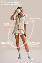 CHYRII Women's Silk Satin Pajamas Two Piece Pj Sets Short Sleeve Tops Ruffled Shorts Sleepwear with Magnetic Diffuser