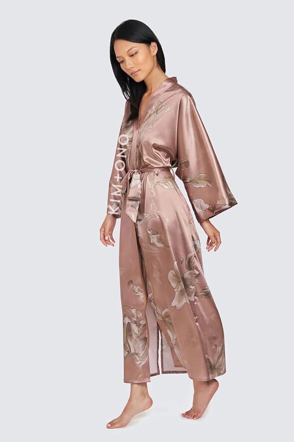 KIM+ONO Plus Size Luxury Kimono Robe for Women | Long Satin Floral Robe | Original Design | Removable Waist Tie Closure